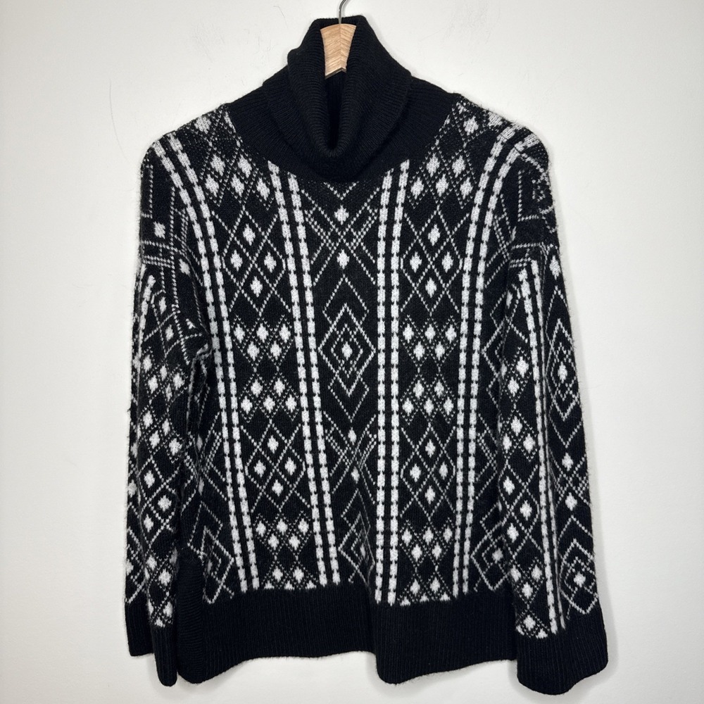 Loft‎ Wool Blend Sweater Turtleneck XS Black White Apres Ski Chunky Knit Tunic